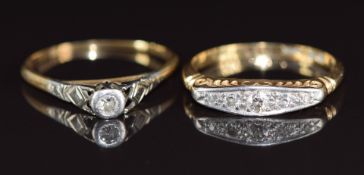 Two Art Deco 18ct gold rings set with diamonds in platinum settings, 4g, size K & M