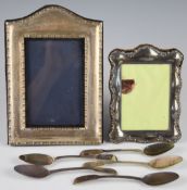 Two hallmarked silver photograph frames, height of larger 20cm, together with five Georgian