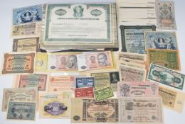 A collection of overseas and UK banknotes and company bond certificates etc to include 'Eaton and