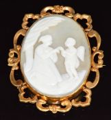 Victorian yellow metal brooch set with a cameo depicting a woman with a cherub / putti, 6.5 x 5.4cm