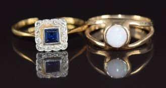 A 9ct gold ring set with an opal (2.1g, size M) and an Art Deco 18ct gold ring set with a sapphire
