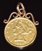 United States of America 1906 five dollar Liberty or Morgan gold coin on 9ct gold pendant loop, 9.7g