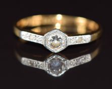 Art Deco 18ct gold ring set with diamonds in a platinum setting, the centre diamond approximately
