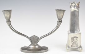 Just Andersen Arts & Crafts candelabra and an Art Nouveau pewter Bincit Zinn bud vase, tallest 17cm