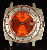 Basis diver's world time wristwatch with date aperture, orange dial, steel hands, silver and