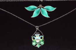 David Andersen silver brooch set with green enamel (6cm), and a silver pendant set with green and