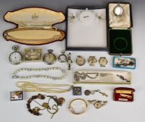 A collection of jewellery, some silver including brooches, necklaces, fob watch and Victorian