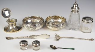 Hallmarked and other silver items comprising pair of bowls marked Damar 900, diameter 11cm,
