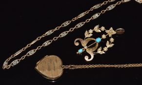 Edwardian 9ct gold pendant set with seed pearls and turquoise and a 9ct gold back and front locket