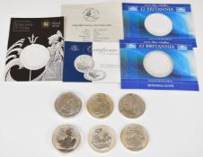 Six silver Britannia coins comprising 1998, 1999, 2002, 2004, 2008 and 2010, some packs and