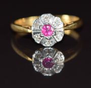 Art Deco 18ct gold ring set with a ruby and diamonds in a platinum setting, 2.7g, size K