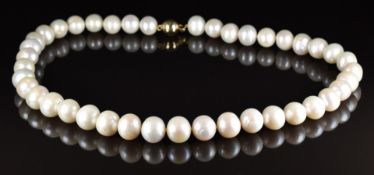 A single strand of freshwater pearls with 9ct gold ball clasp, 44cm long