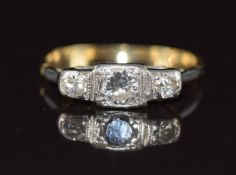 Art Deco 18ct gold ring set with three diamonds of approximately 0.28ct, 0.13ct and 0.13ct, in a