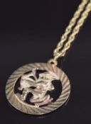 A 9ct gold pendant depicting an archer (2.4cm) on a 9ct gold chain, 36cm long, 4.8g