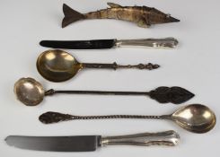 Silver and white metal items comprising Egyptian silver spoon with wrythen handle, filigree ladle,