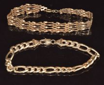 A 9ct gold gate bracelet and a 9ct gold curb link bracelet, 14.6g, both 16cm long