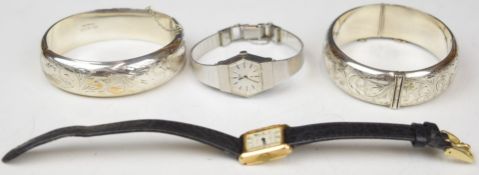 Two silver bangles, a 9ct gold Rotary watch and a Citizen watch