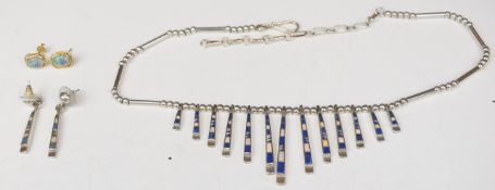 Navajo silver necklace and earrings set with lapis lazuli and opal (signed) and a pair of earrings