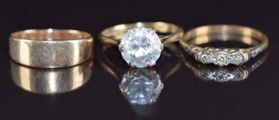 Three 9ct gold rings, one set with diamonds, 6.4g, size M & N