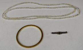 Art Deco rolled gold flapper bangle, Swarovski necklace and silver brooch