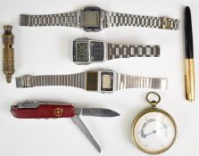 Parker fountain pen, Swiss pocket knife, three retro Casio digital watches, pocket barometer etc