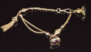 Victorian 9ct rose gold chatelaine and two seals, one set with amethyst and the other a bloodstone