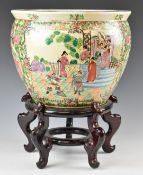 Chinese jardinière / fish bowl on wooden stand, with seal mark to base, diameter 36 x height 29cm,