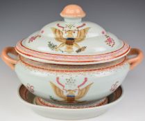 Chinese twin handled covered armorial tureen and matching meat dish, height 28cm