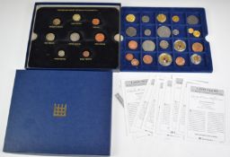 A collection of reproduction hammered coins in a Westminster case, with some decimals etc