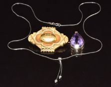 A 9ct white gold necklace (2g, 40cm), 9ct gold pendant set with a pear cut amethyst of approximately