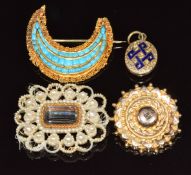 An 18ct gold crescent brooch set with turquoise (8g, 3.2cm), Georgian pearl brooch with hinged