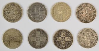 Eight Queen Victoria Gothic florins comprising 1853, 1857, 1868, 1873, 1874, 1879, 1883 and 1882,