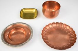 Four Hennell copper and brass example silversmithing pieces, each engraved with the original maker