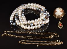 A single strand of pearls with 18k gold beads and 18k gold clasp (84cm long), a 9ct gold cameo