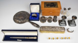Silver mounted items to include hand mirror, brush, picture topped box, pair of small