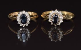 Two 9ct gold rings set with sapphires surrounded by diamonds, 3.5g, size O & J