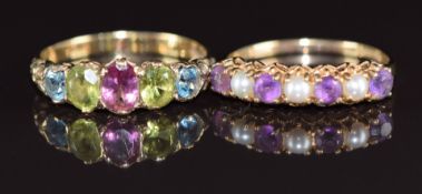 Two 9ct gold rings, one set with amethyst and pearls the other with amethyst, peridot and topaz, 4g,