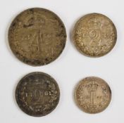 Four Queen Victoria Maundy coins comprising 1893 4d, 2d and 1d with an 1861 over 11 2d