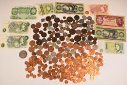 A collection of coins and tokens including a George III crown, F, New Brunswick example, some