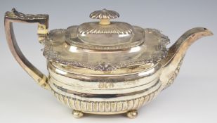 Georgian hallmarked silver teapot with gadrooned edge, reeded lower body and acanthus leaf