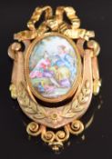 French 18k gold pendant/ brooch set with a ceramic portrait miniature with mother of pearl