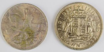 1935 George V 'rocking horse' crown with milled edge, together with a 1937 coronation example