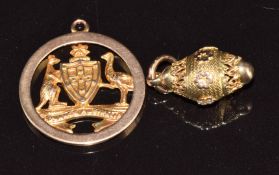 A 9ct gold pendant 'Advance Australia' with shield, emu and kangaroo decoration, and a Victorian