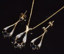 A 9ct gold pendant set sapphires and diamonds, with matching earrings, 3.4g