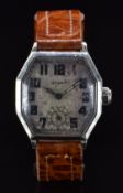 Gruen Art Deco gentleman's wristwatch with subsidiary seconds dial, skeleton hands, Arabic numerals,