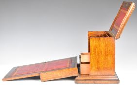 Vintage oak fold out writing compendium or lap desk with writing slope, fitted interior and spring