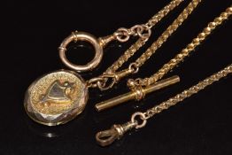 A 9ct gold fob chain or watch chain with T bar and clasp (22.9g) and a Victorian locket 'forget me