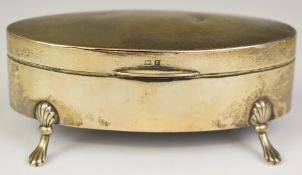 George V hallmarked silver oval dressing table box raised on four feet, Birmingham 1924, maker