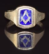 A 9ct gold signet ring with swivel centre to be blank or an enamelled Masonic symbol, 7.9g, size W