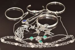 A collection of silver jewellery including four children's bangles, one by Charles Horner, marcasite